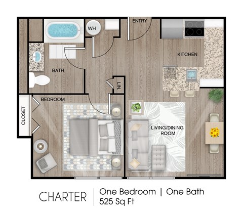 Floor plan for 1 bed, 1 bath, 650 sqft